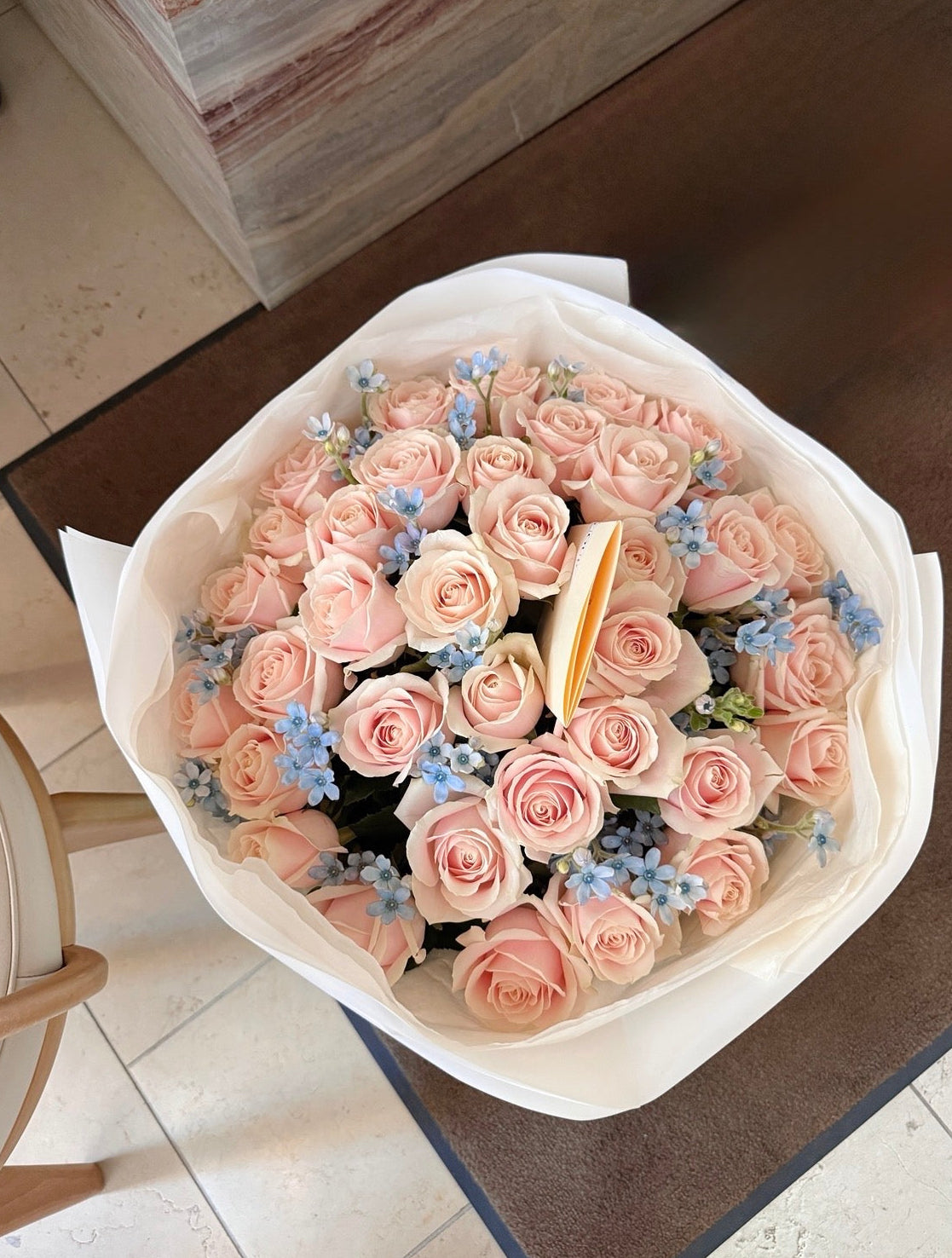 Sprinkles pink and blue bouquet with pale pink roses delivered in London